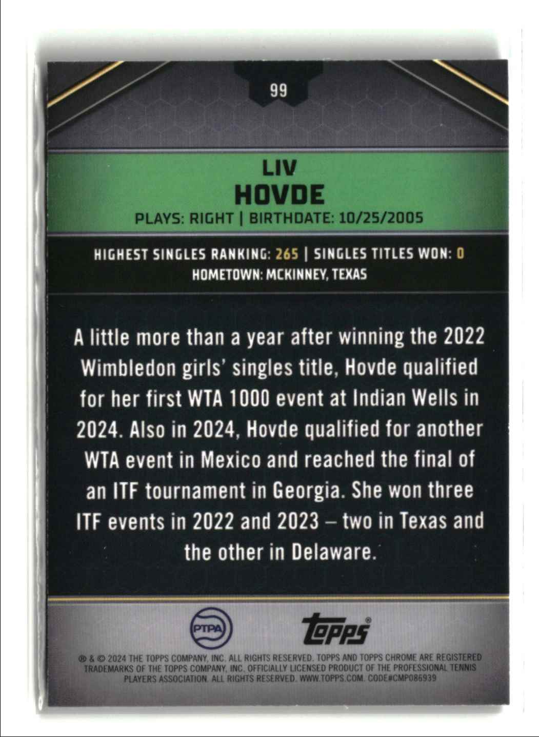 2024 Topps Graphite Aqua Refractor LIV HOVDE #99 card back image