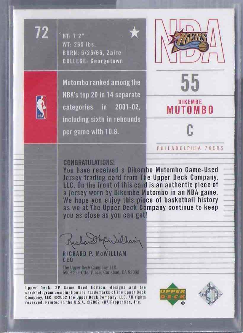 2002-03 SP Game Used Dikembe Mutombo JSY #72 card back image
