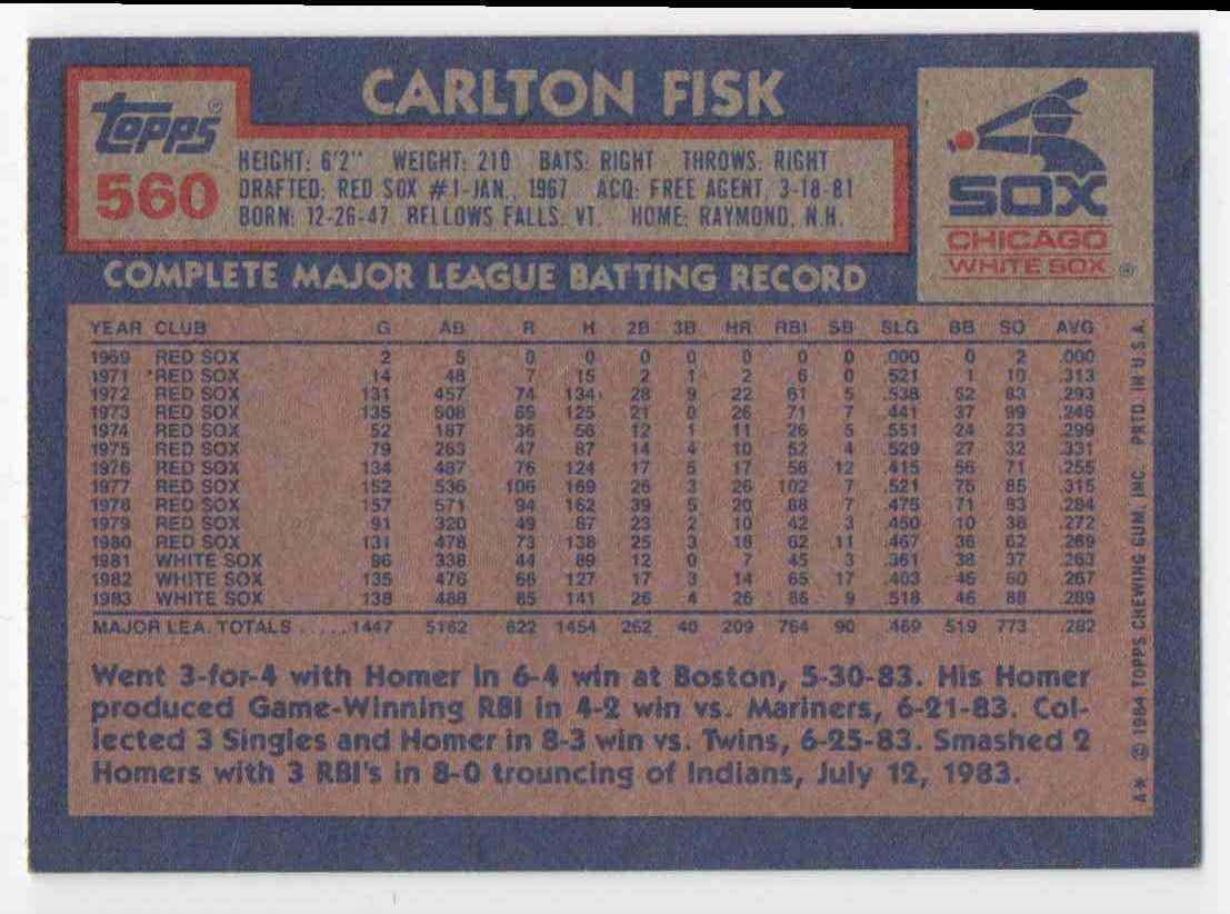 1984 Topps Carlton Fisk #560 card back image