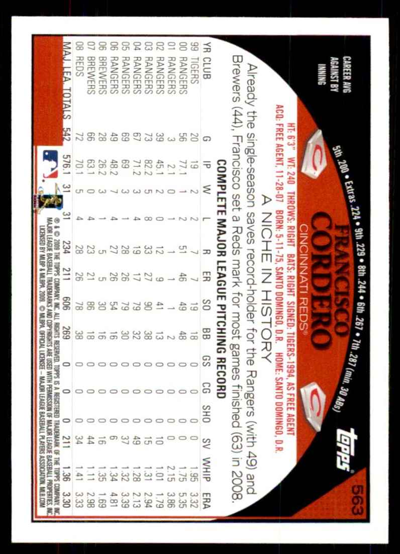 2009 Topps Francisco Cordero #563 card back image