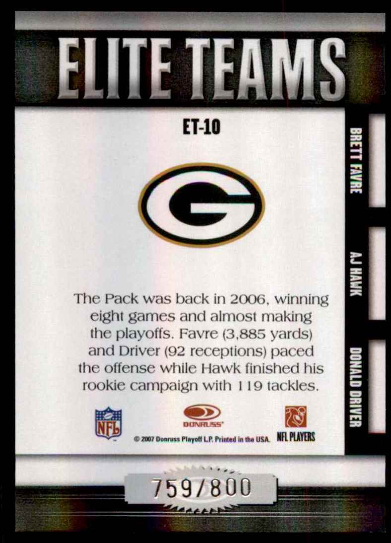 2007 Donruss Elite Elite Teams Black Brett Favre/A.J. Hawk/Donald Driver #10 card back image