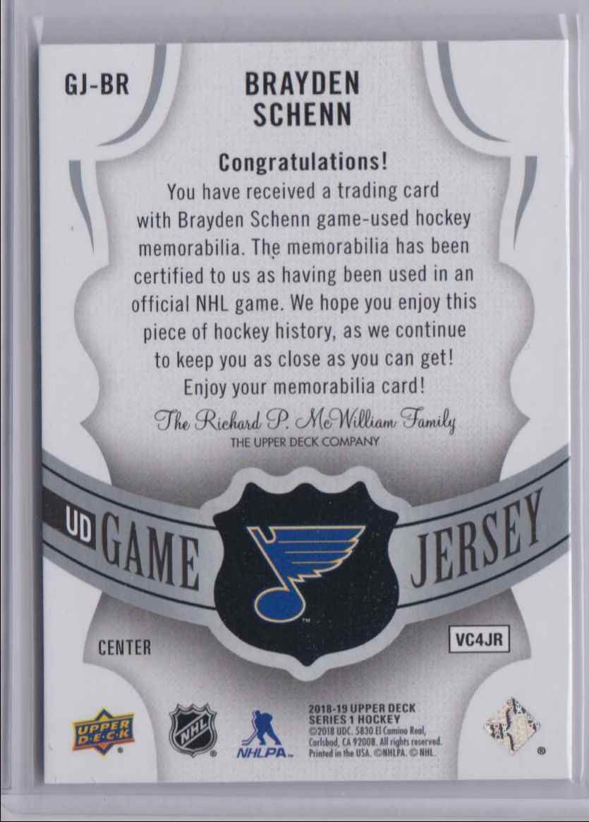 2018-19 Upper Deck Game Jerseys Brayden Schenn #GB-BR card back image