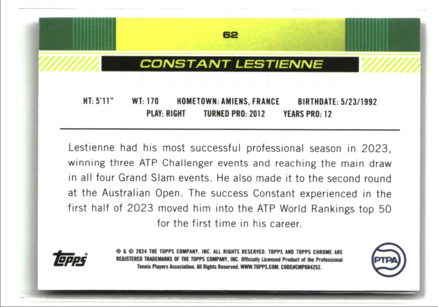 2024 Topps Chrome Purple Refractor CONSTANT LESTIENNE #62 card back image
