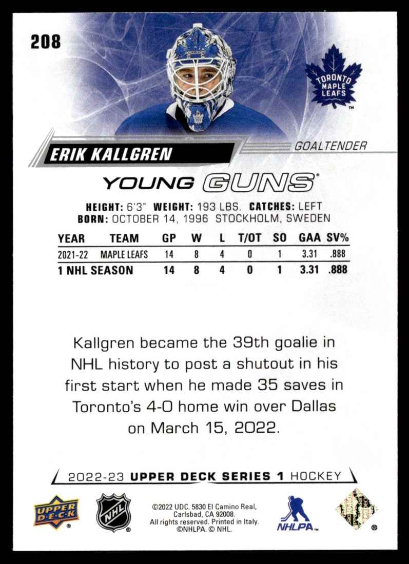 2022-23 Upper Deck Young Guns Erik Kallgren #208 card back image