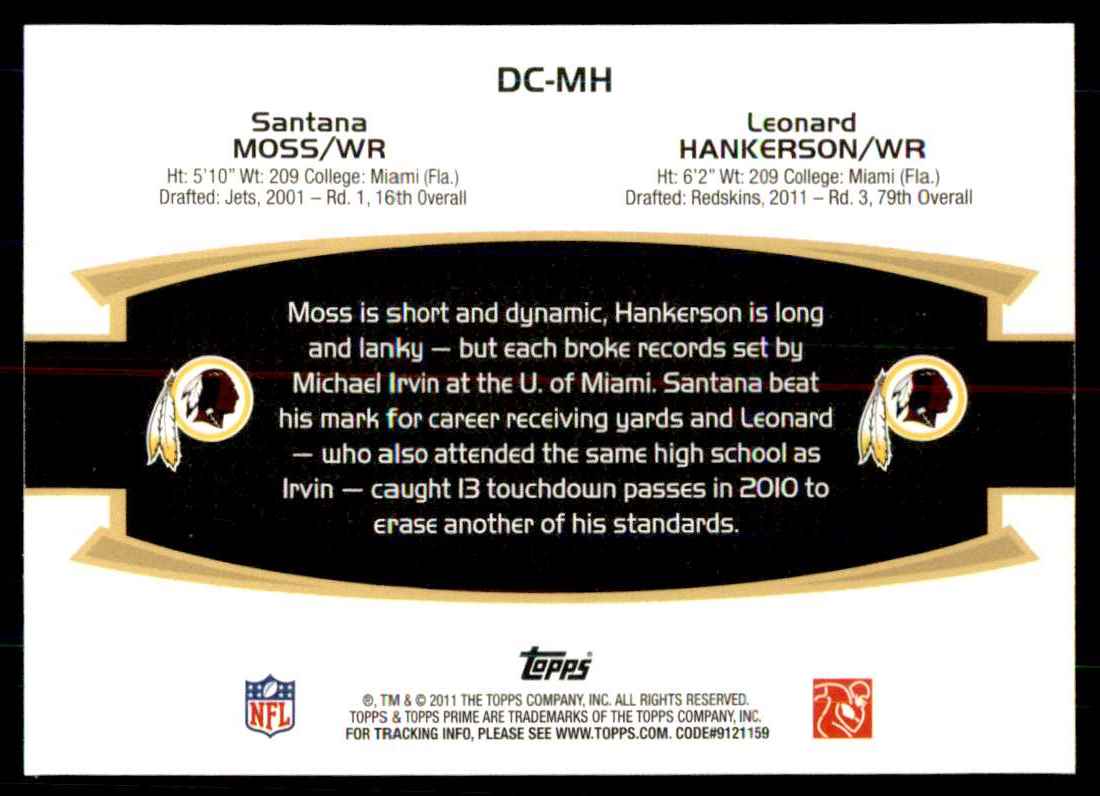 2011 Topps Prime Dual Santana Moss/Leonard Hankerson #MH card back image