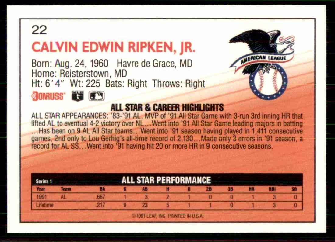 1992 Donruss Cal Ripken JR. #22 card back image
