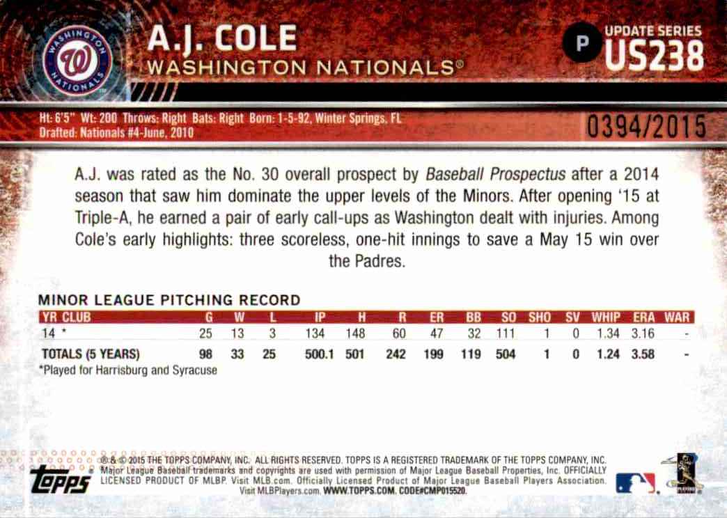 2015 Topps Gold A.J. Cole #US238 card back image