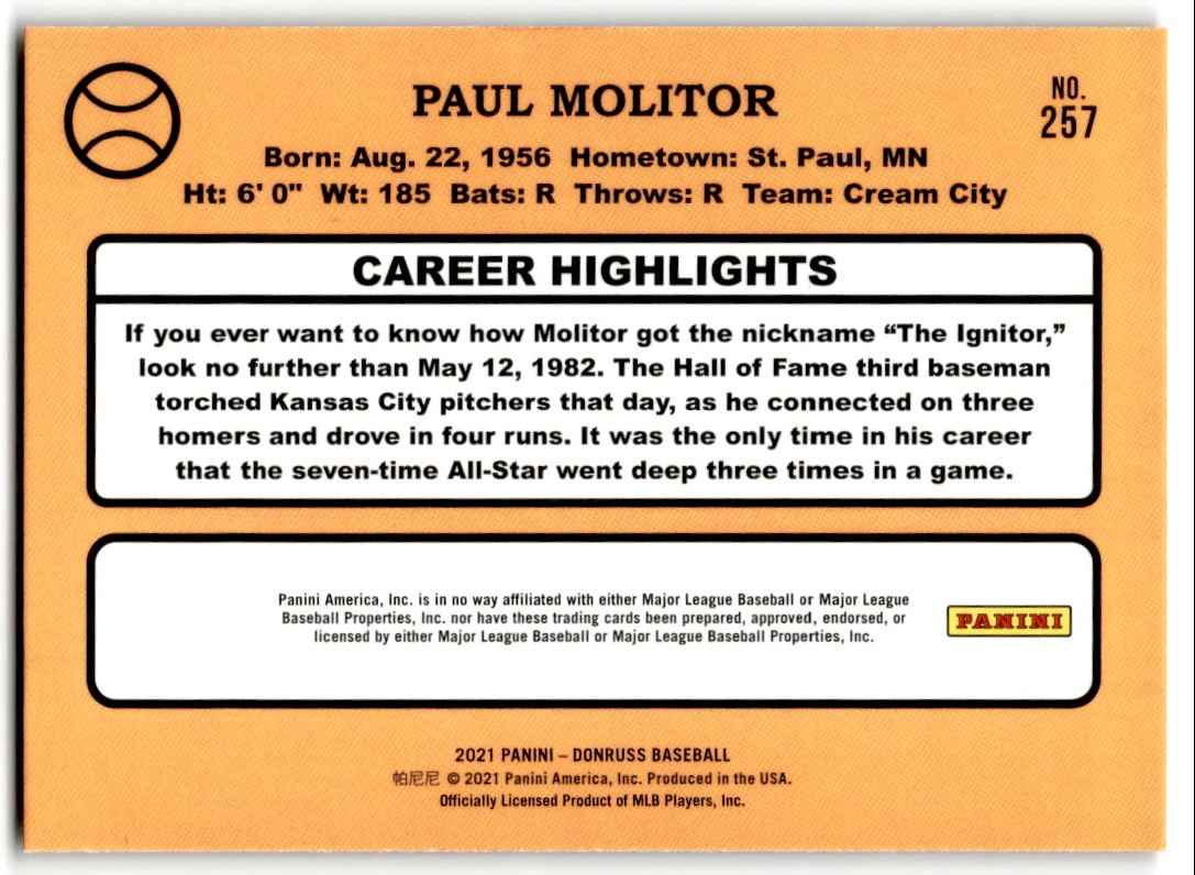 2021 Donruss Holo Red Paul Molitor #257 card back image