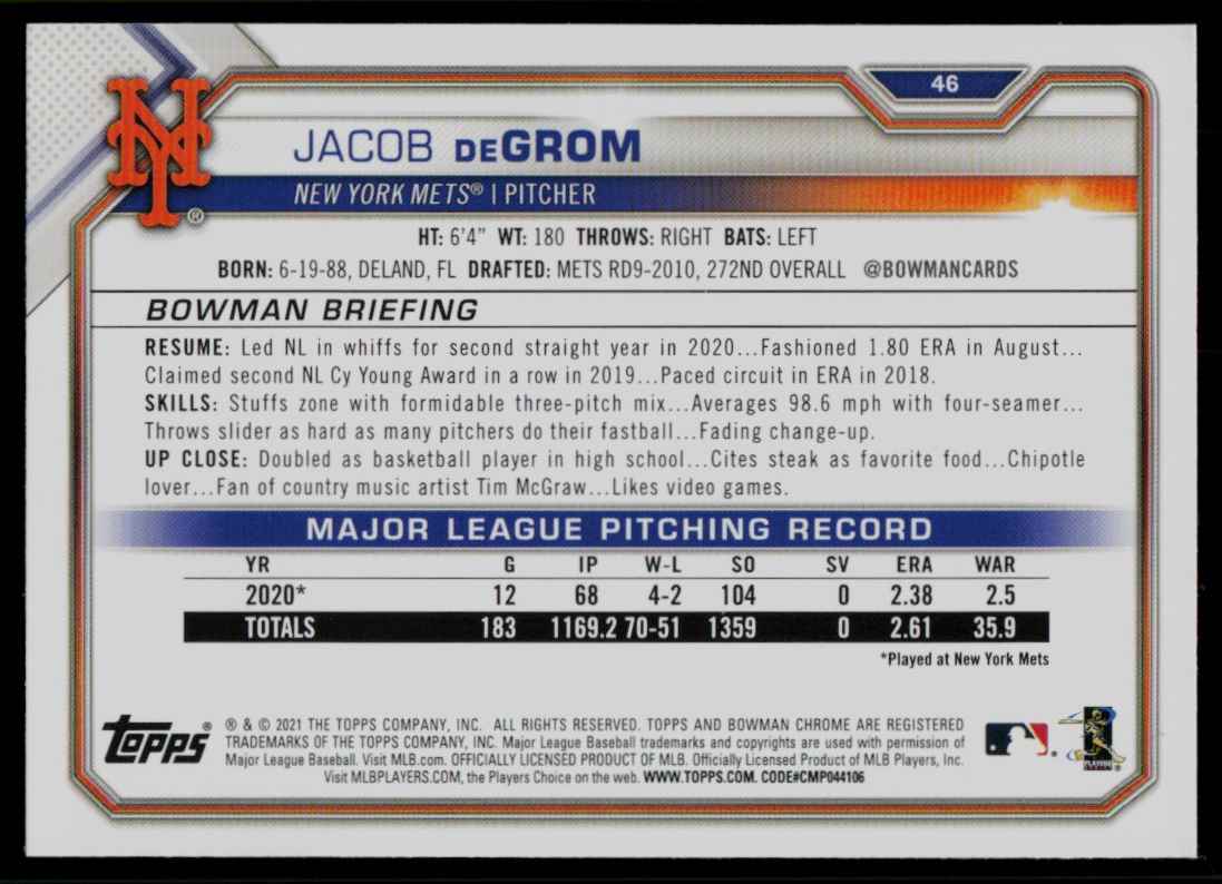 2021 Bowman Jacob deGrom #46 card back image