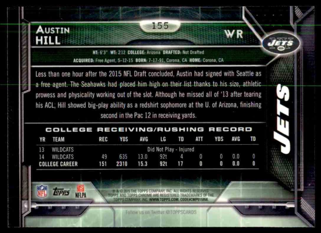 2015 Topps Chrome Purple Refractor Austin Hill #155 card back image