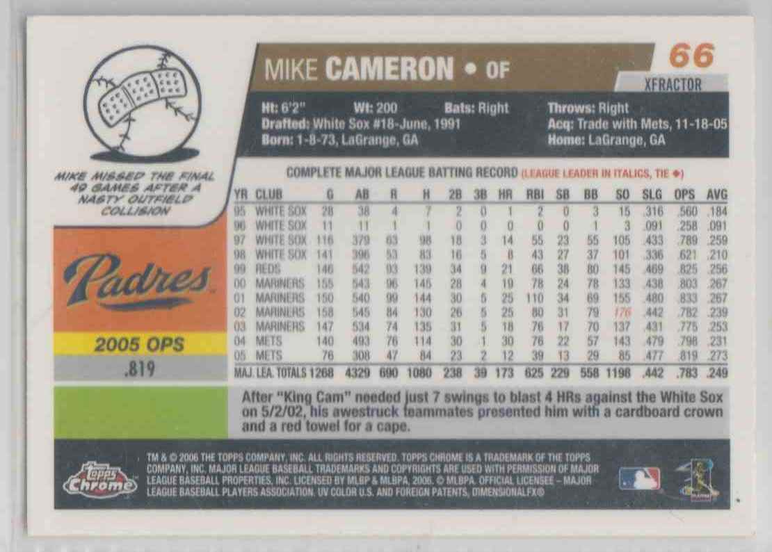 2006 Topps Chrome X-Fractors Mike Cameron #66 card back image