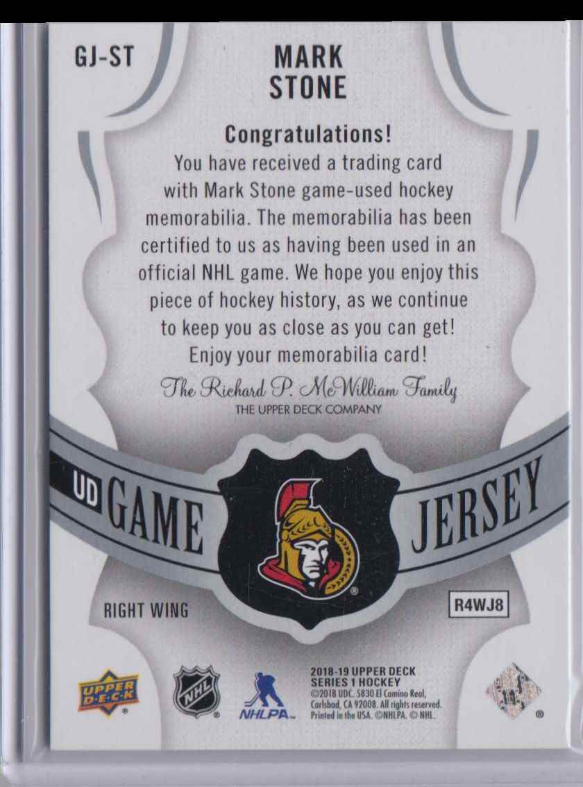 2018-19 Upper Deck Game Jerseys Mark Stone #GJ-ST card back image