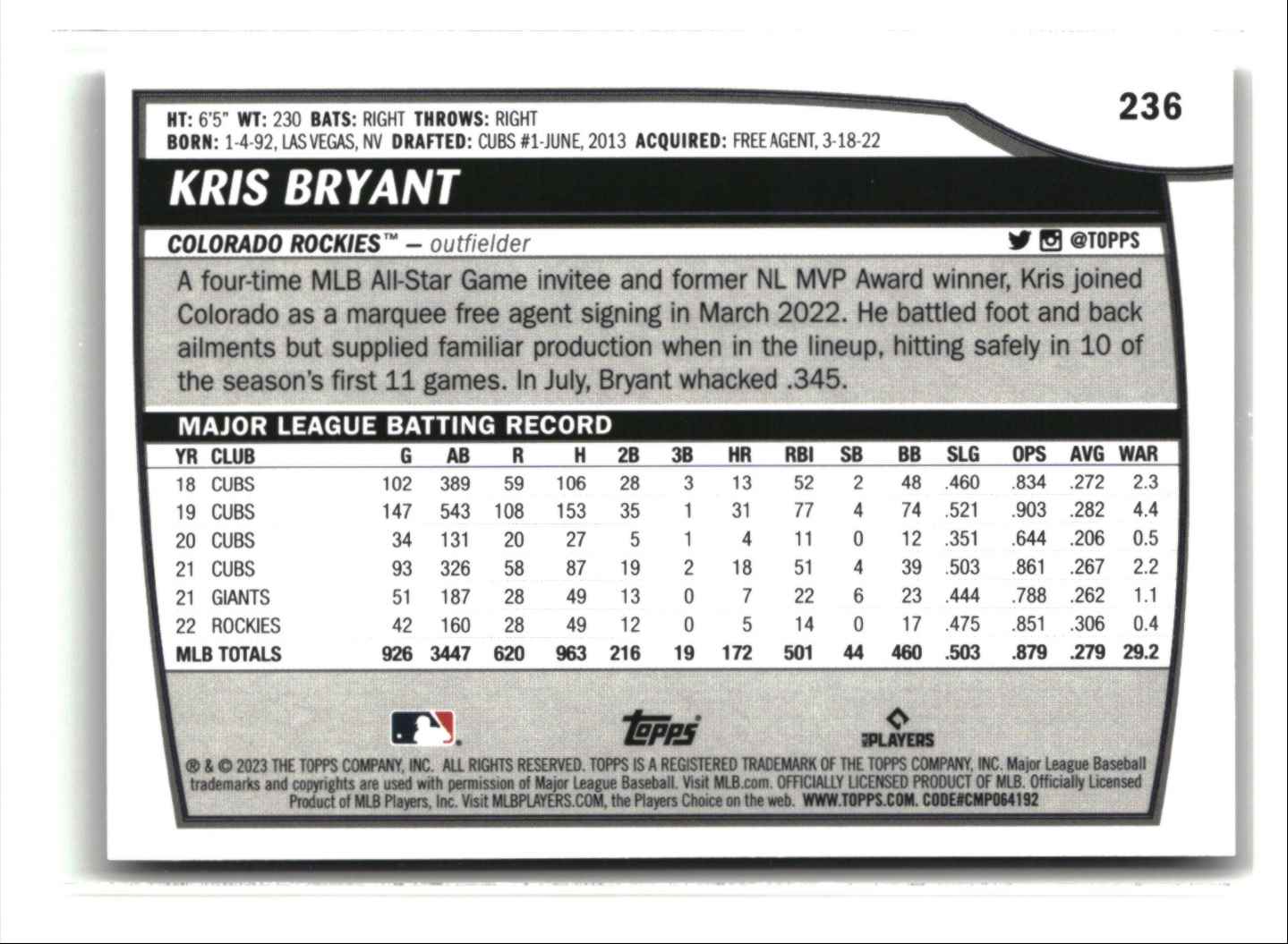 2023 Topps Big League Uncommon Foil Kris Bryant #236 card back image