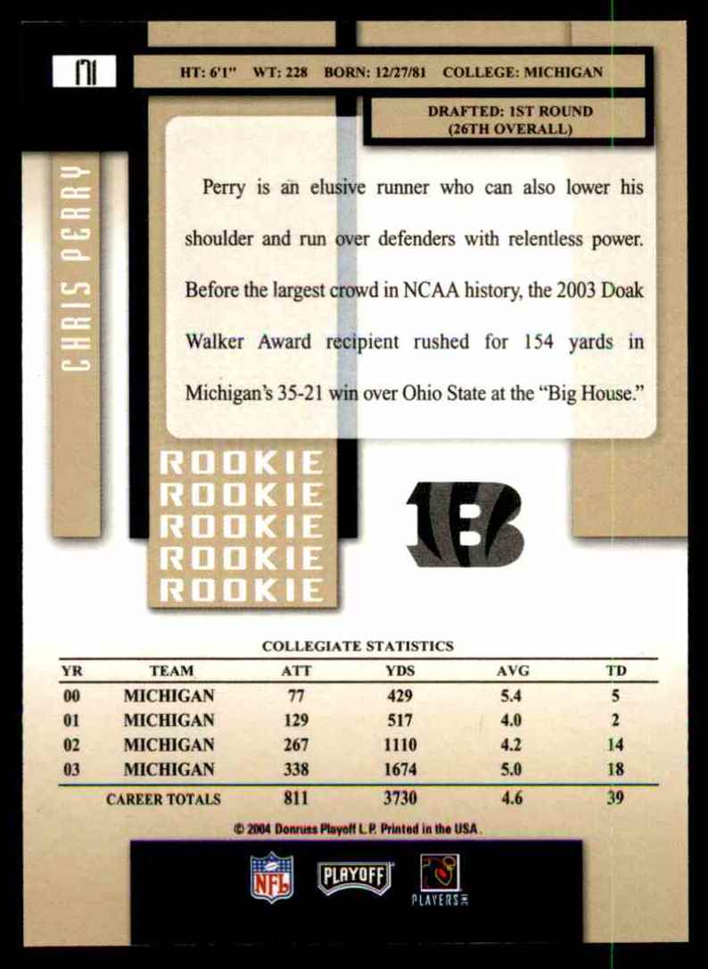2004 Playoff Prestige Chris Perry RC #171 card back image