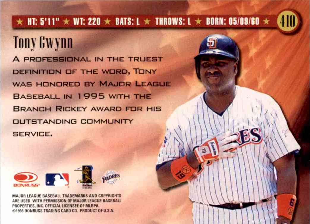 1998 Donruss Spirit Of The Game Tony Gwynn #410 card back image