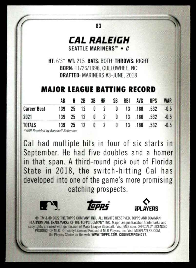 2022 Bowman Platinum Cal Raleigh #83 card back image