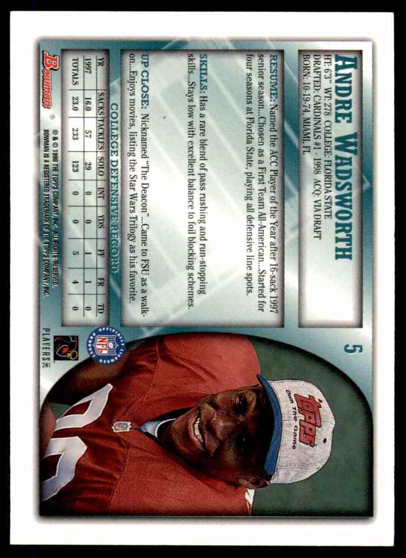 1998 Bowman Andre Wadsworth #5 card back image