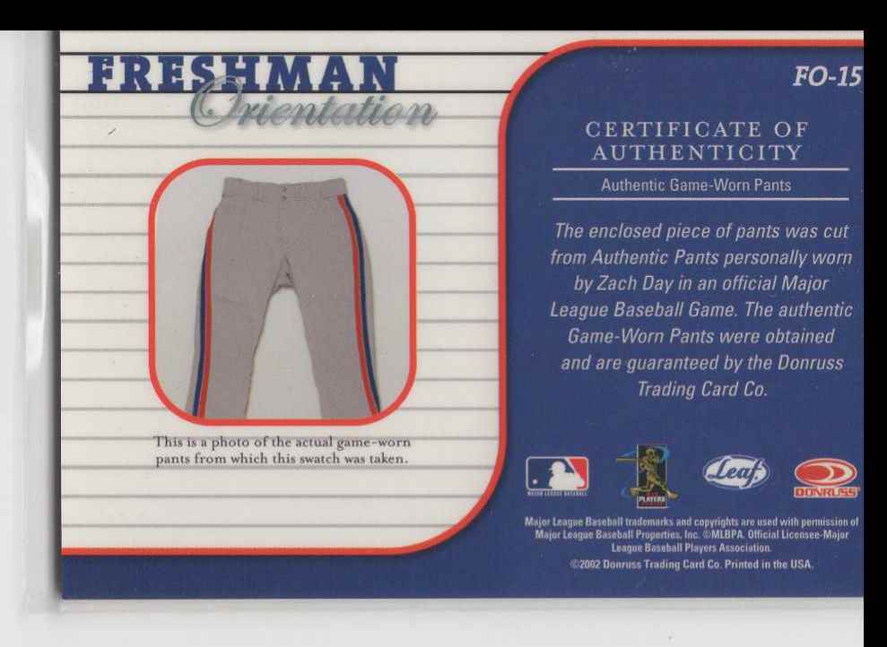 2002 Leaf Rookie Stars Zach Day #FO-15 card back image