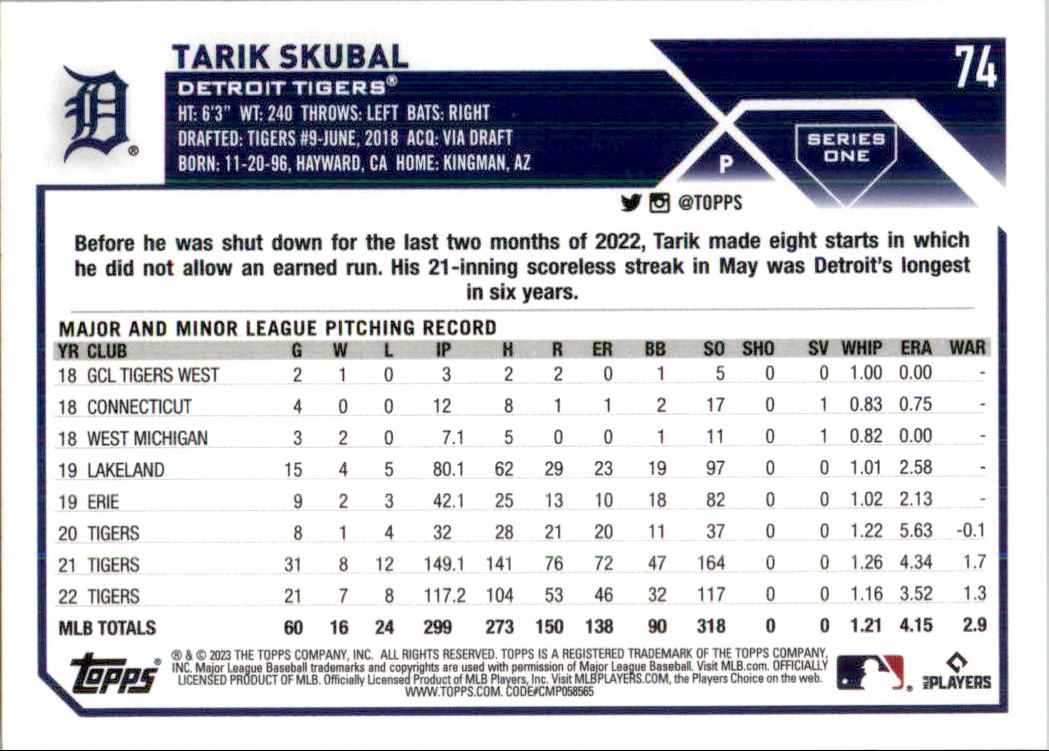2023 Topps Gold Star Tarik Skubal #74 card back image