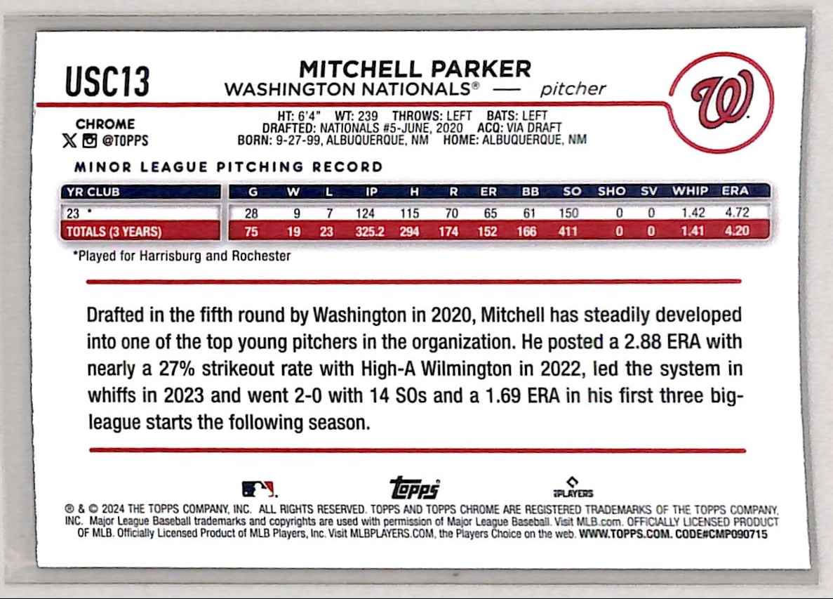 2024 Topps Chrome Mitchell Parker #USC13 card back image
