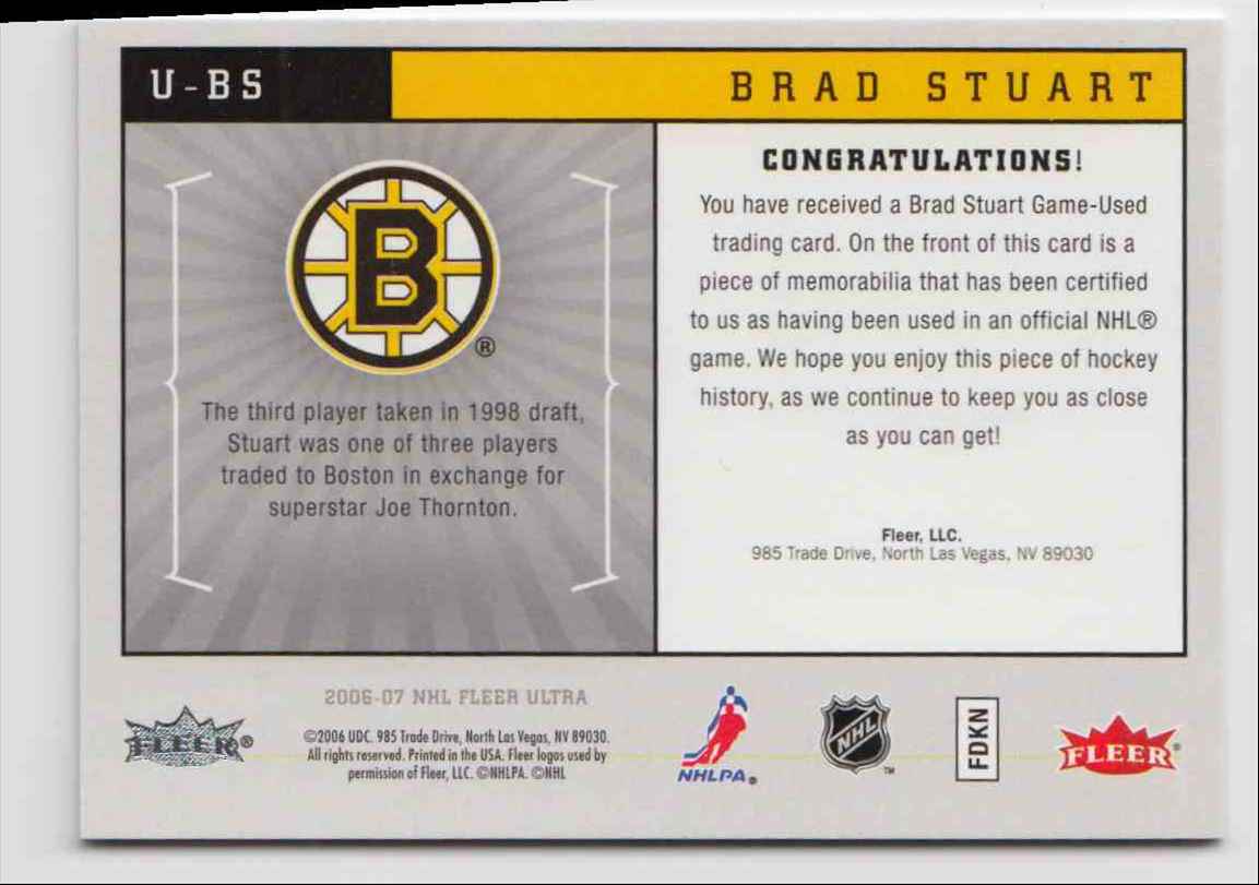 2006-07 Ultra Uniformity Jersey Brad Stuart #U-BS card back image
