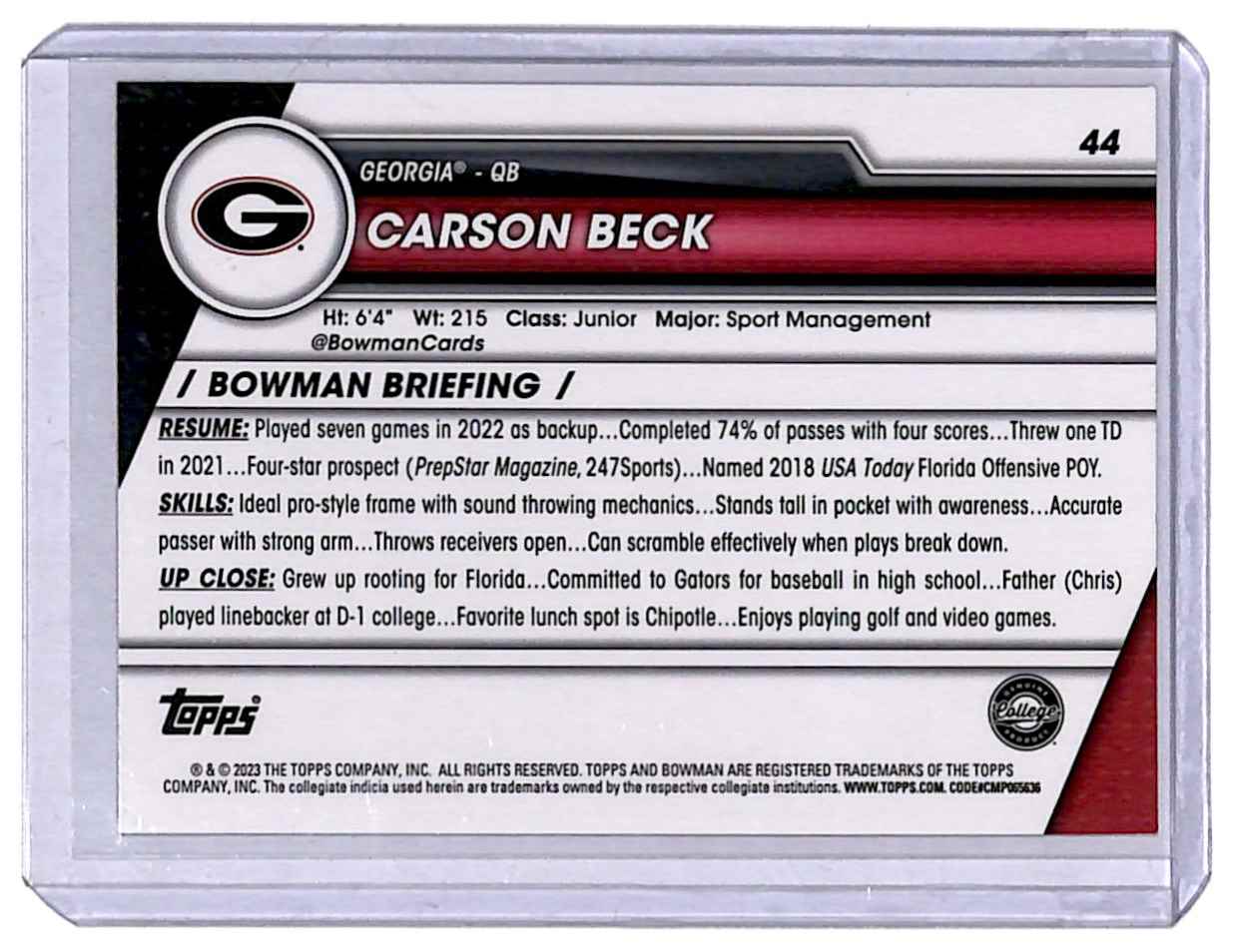 2023 Bowman University Chrome Pink Refractor Carson Beck #44 card back image