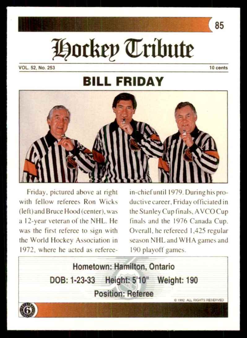 1991-92 Ultimate Original Six Bill Friday Ref #85 card back image