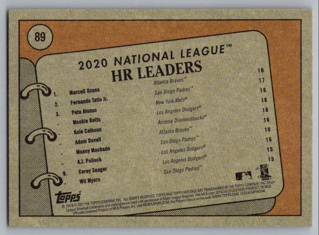 2021 Topps Heritage 2020 NL HR Leaders (Marcell Ozuna/Fernando Tatis Jr./Pete Alonso/Mookie Betts/Kole Calhoun/Adam Duvall/Manny Machado/A.J. Pollock) LL #89 card back image