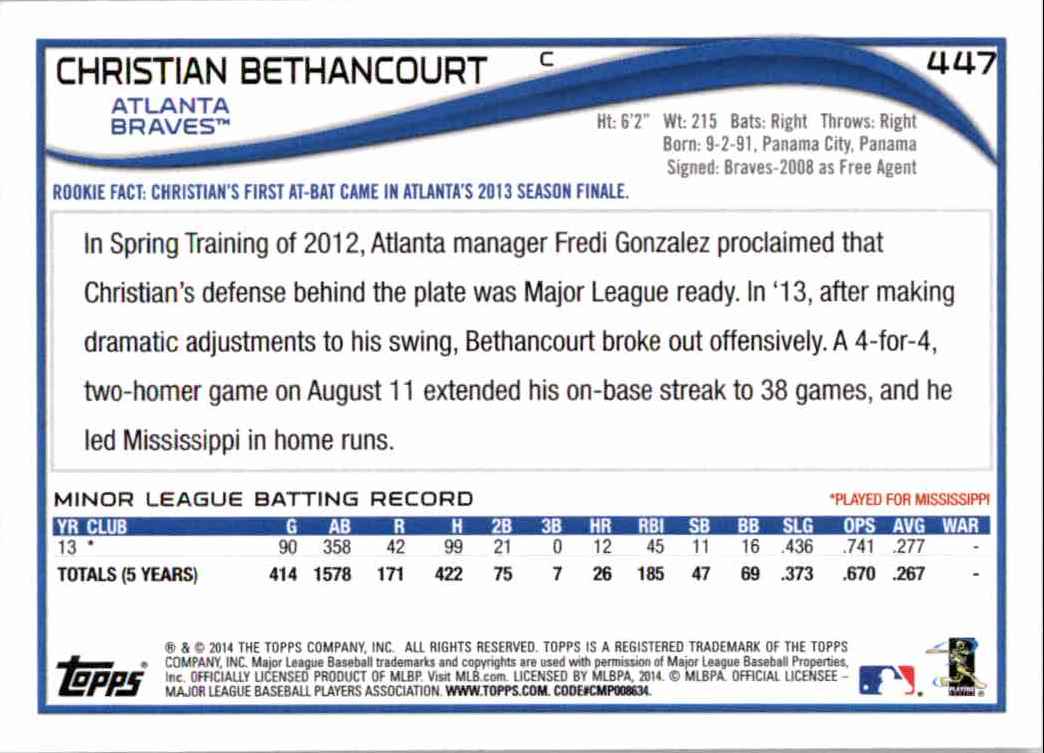 2014 Topps Christian Bethancourt RC #447 card back image