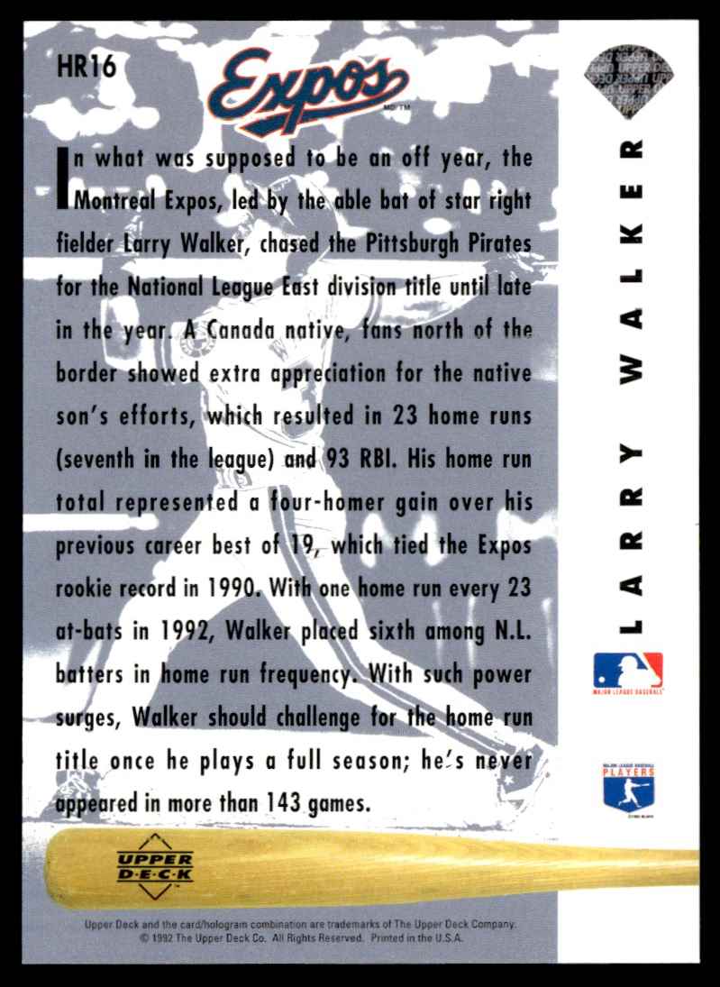 1993 Upper Deck Home Run Heroes Larry Walker #HR16 card back image