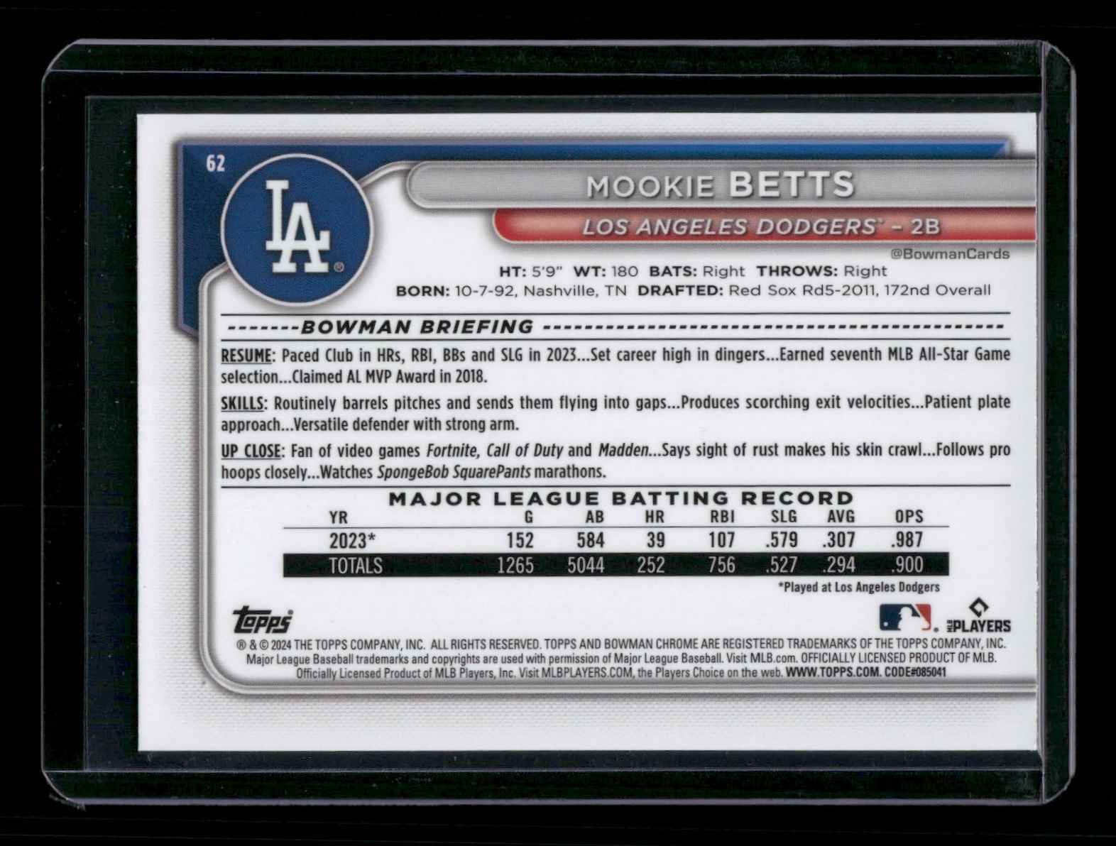 2024 Bowman Chrome Mookie Betts #62 card back image