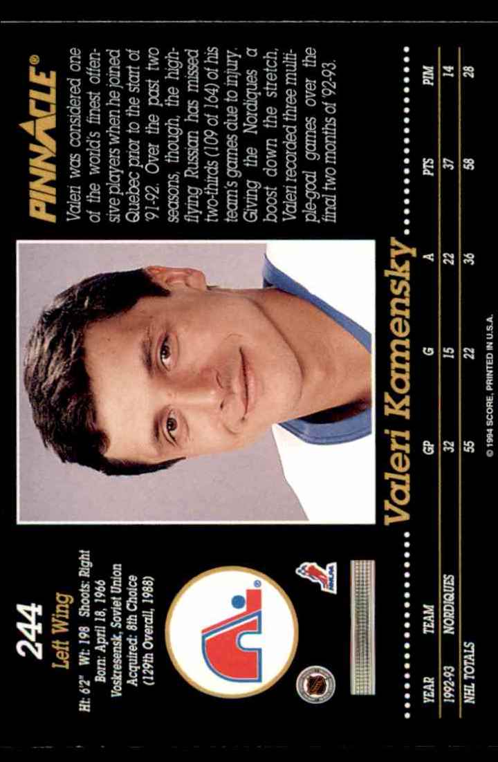 1993-94 Pinnacle Valeri Kamensky #244 card back image