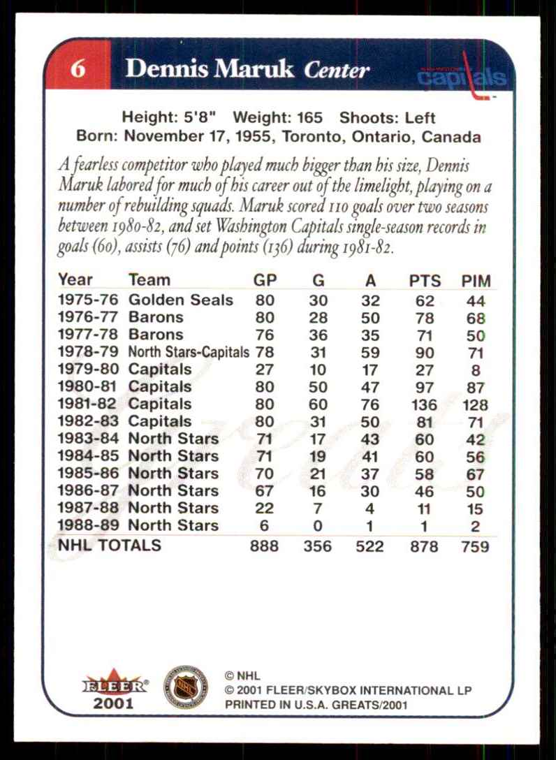 2001-02 Fleer Greats Of The Game Dennis Maruk #6 card back image