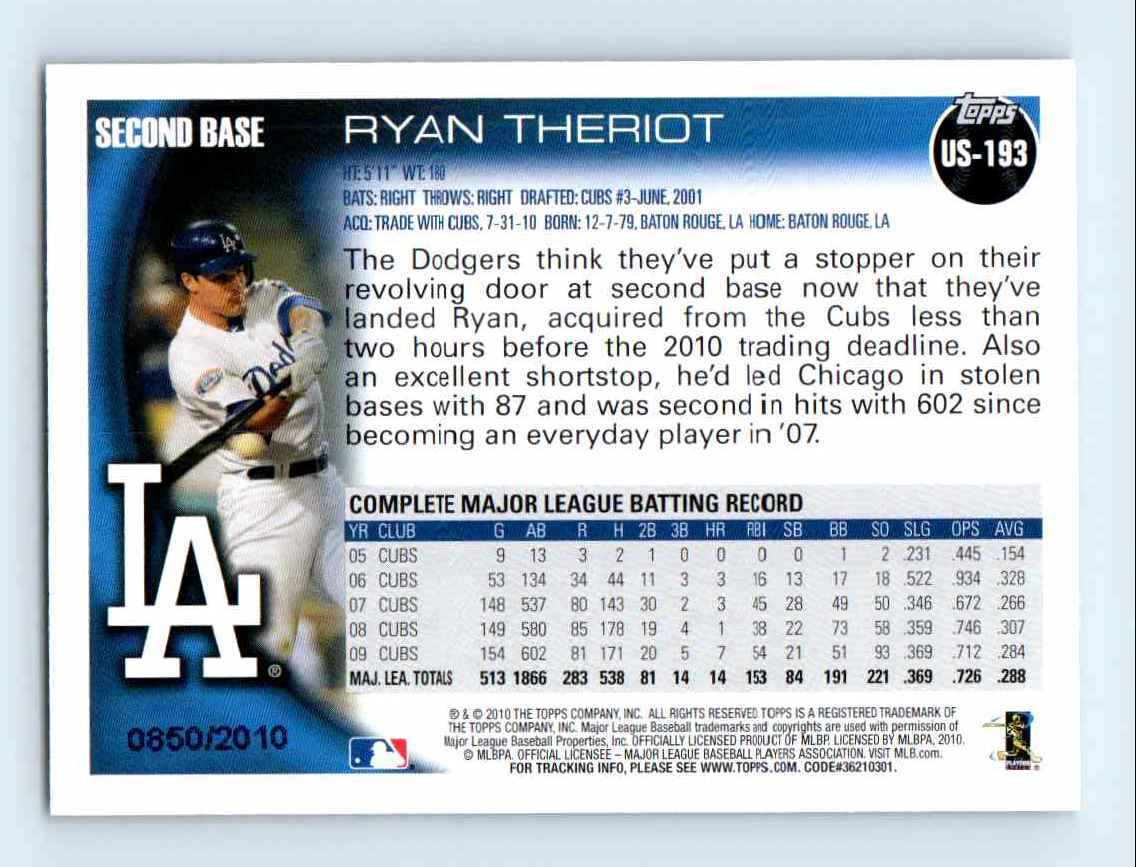 2010 Topps Update Gold Border Ryan Theriot #US-193 card back image