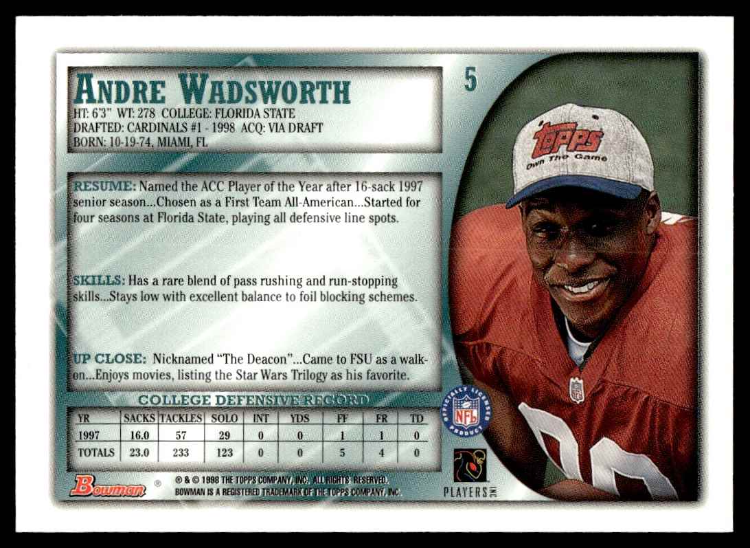 1998 Bowman Andre Wadsworth #5 card back image