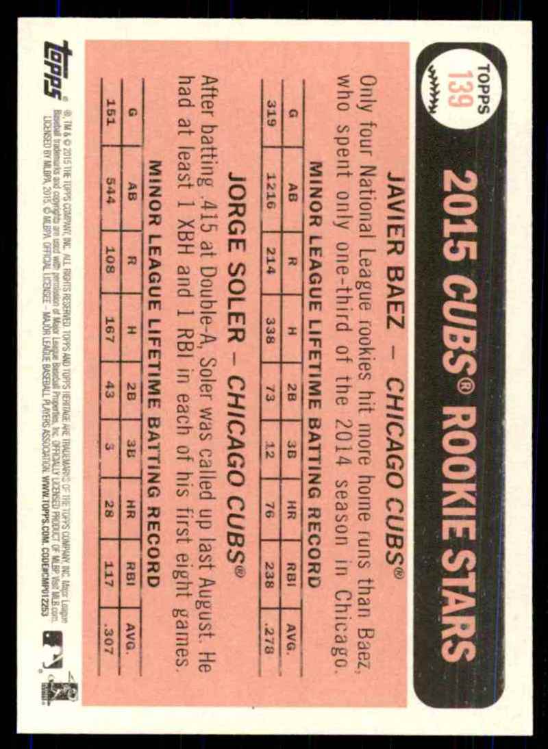 2015 Topps Heritage Jorge Soler RC/Javier Baez RC #139 card back image