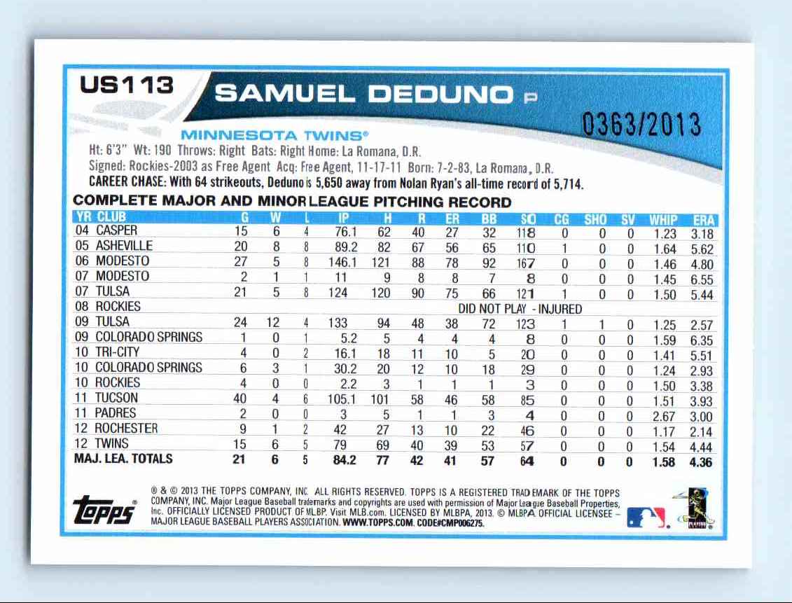 2013 Topps Update Gold Samuel Deduno #US113 card back image