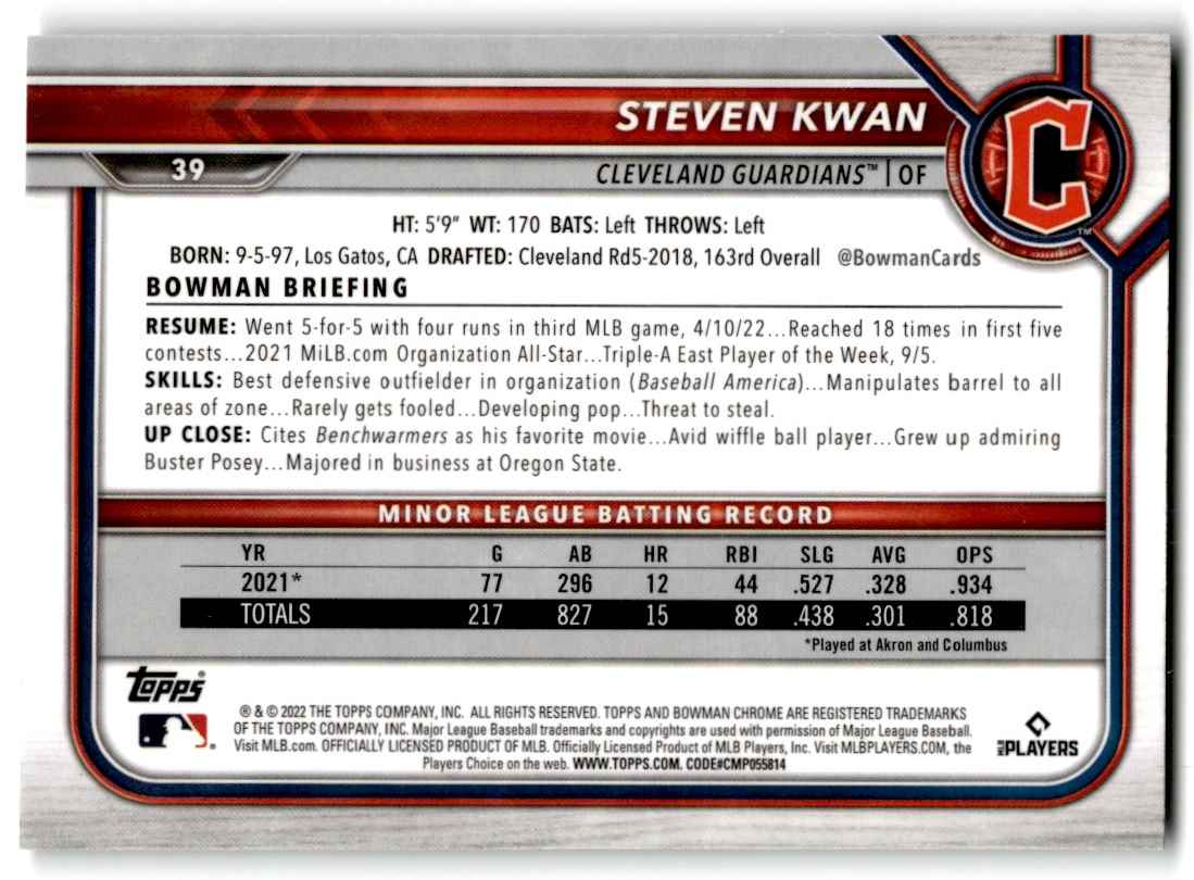 2022 Bowman Chrome Steven Kwan #39 card back image