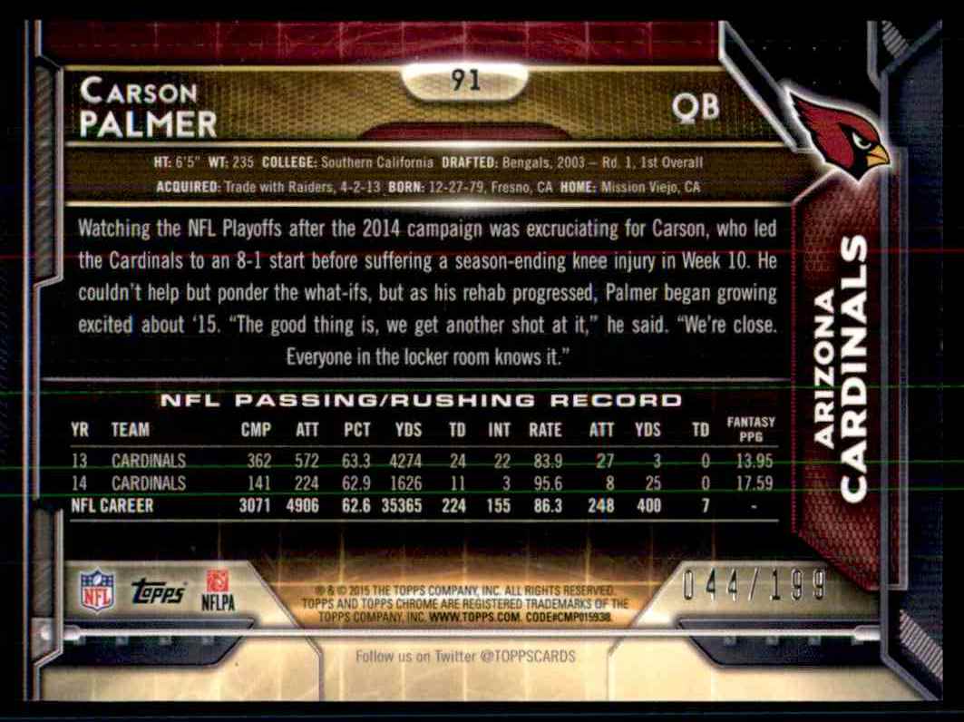 2015 Topps Chrome Carson Palmer card back image