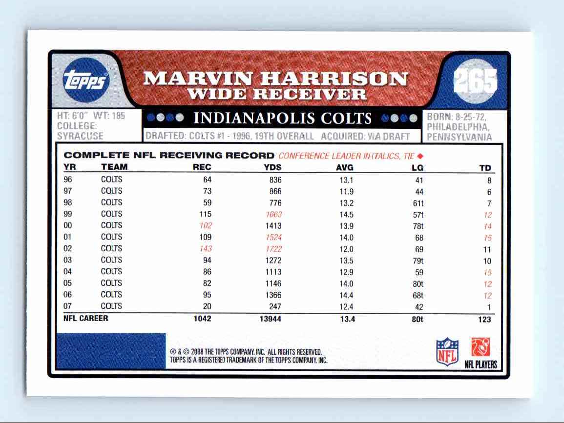 2008-09 Topps Marvinharrison #265 card back image