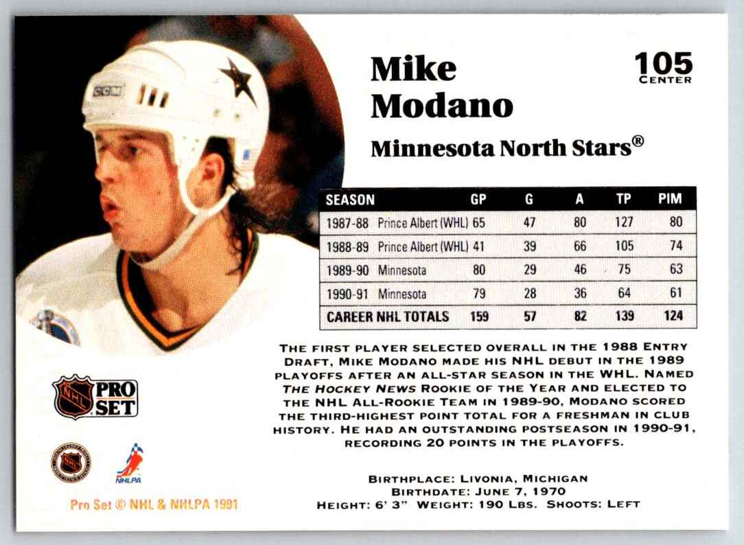 1991-92 Pro Set Mike Modano #105 card back image
