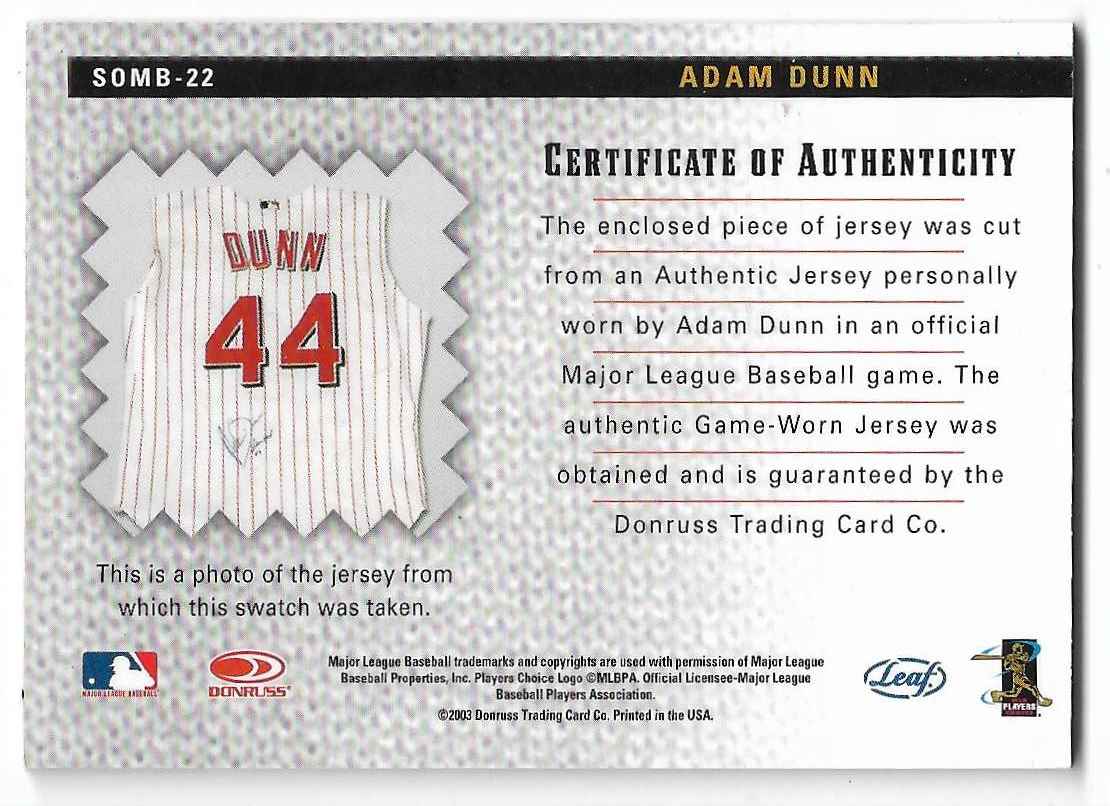 2004 Leaf Shirt Off My Back Adam Dunn #SOMB-22 card back image