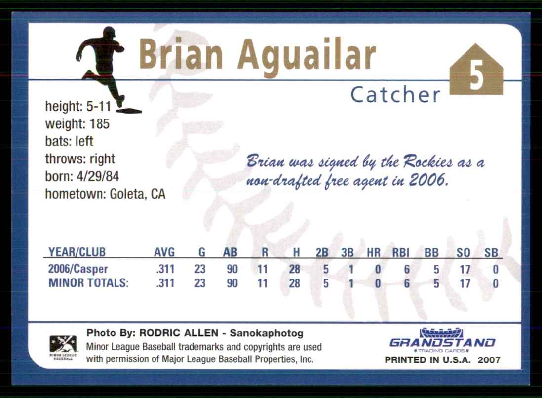 2007 Grandstand Tri-City Dust Devils Brian Aguailar #NNO card back image
