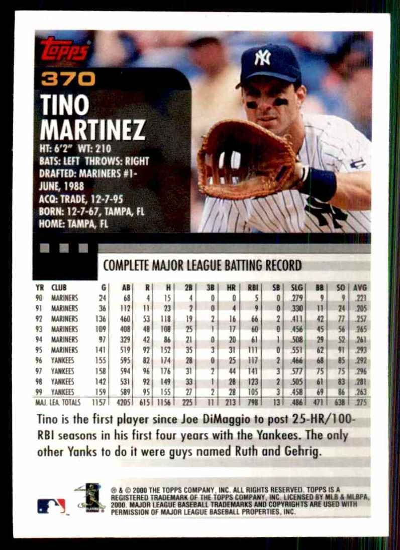 2000 Topps Tino Martinez #370 card back image
