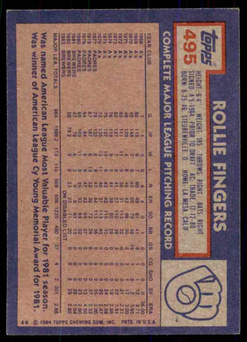 1984 Topps Rollie Fingers #495 card back image