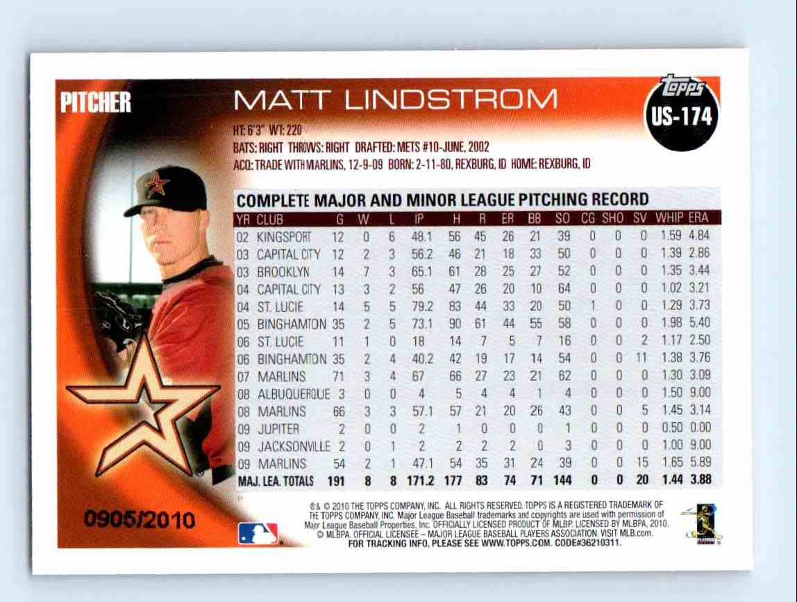 2010 Topps Update Gold Border Matt Lindstrom #US-174 card back image