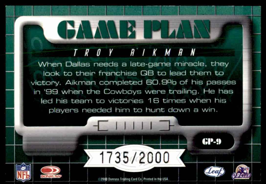 2000 Leaf Rookies & Stars Game Plan Troy Aikman #GP9 card back image