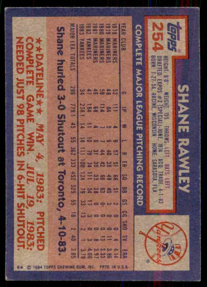 1984 Topps Shane Rawley #254 card back image