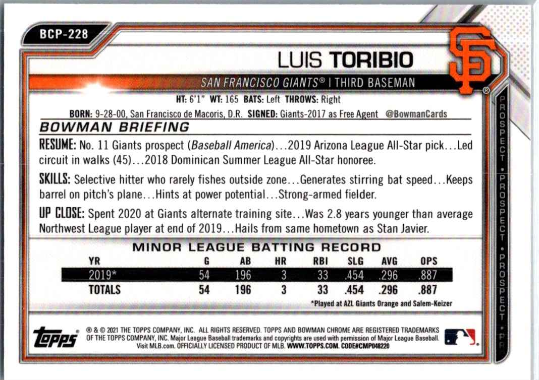 2021 Bowman Chrome Prospects Mojo Refractor Luis Toribio #BCP-228 card back image
