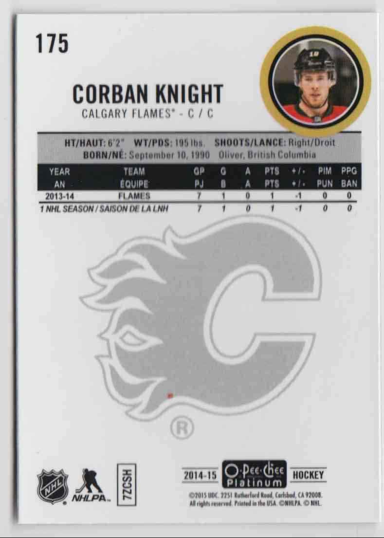 2014-15 O-Pee-Chee Platinum Rookie Corban Knight #175 card back image